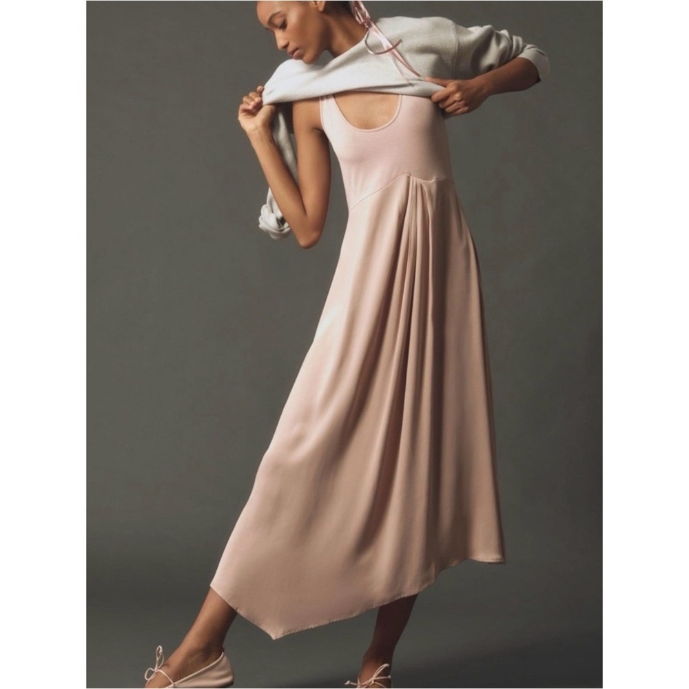 Anthropologie Blush Pink Knit &‎ Satin  Asymmetrical Midi Dress SP Garden Party